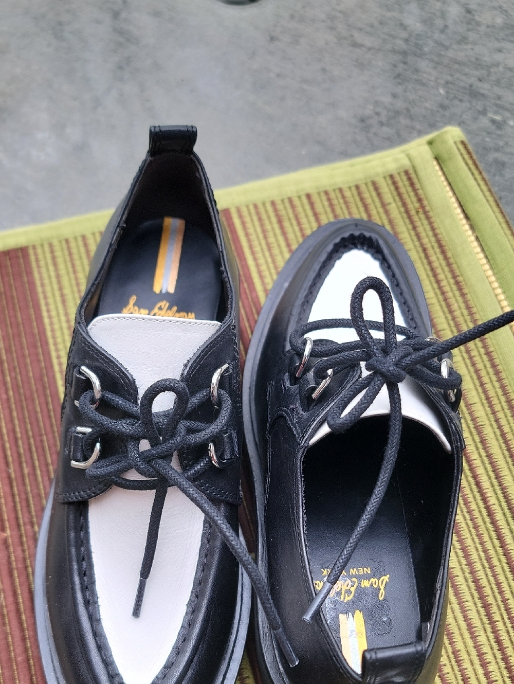Sam Edelman Monna Black/White Leather Chunky Heel Lace Up Almond Toe Loafers S6